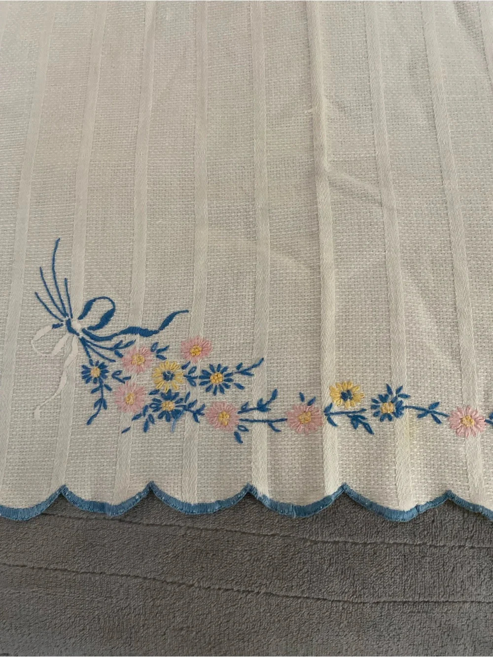 Embroidered Floral White tea towel with Blue Trim